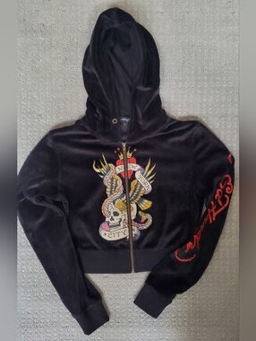 Ed Hardy Women’s Large Black Y2K Cropped Full Zip Graphic Hoodie Tattoo Art
